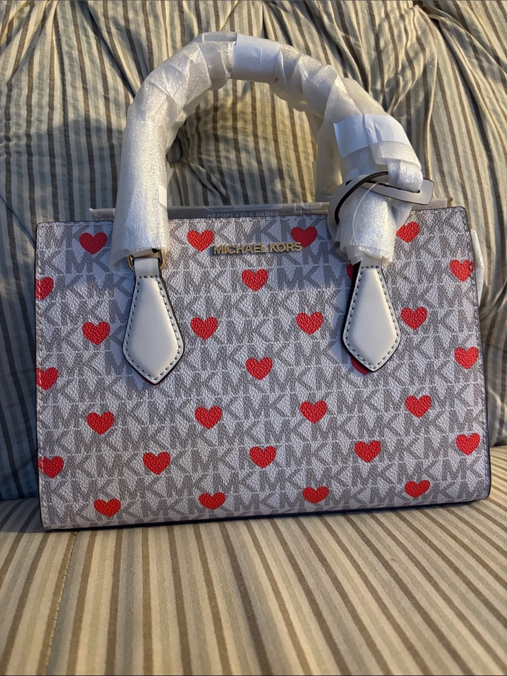 Michael Kors White Satchel with Red Heart Print